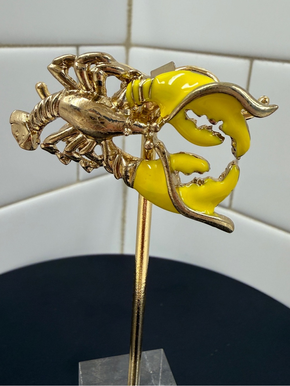 Yellow Enamel Lobster Brooch Gold Tone Coastal Nautical Figural Pin